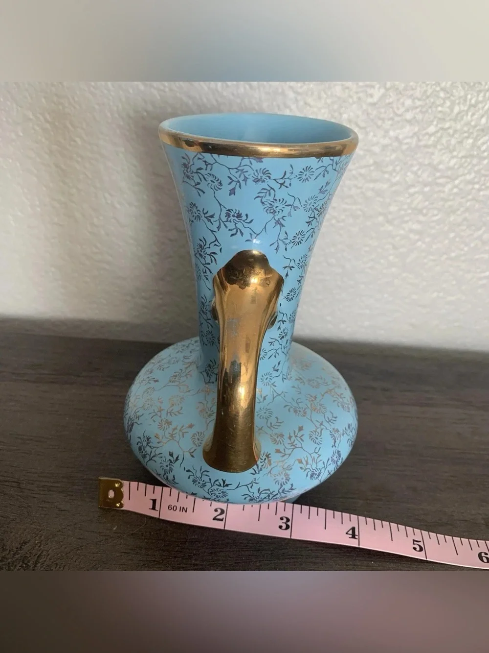 Pearl China Co Vintage Blue Floral Vase 22 KT Gold Double Handle Hand Decorated